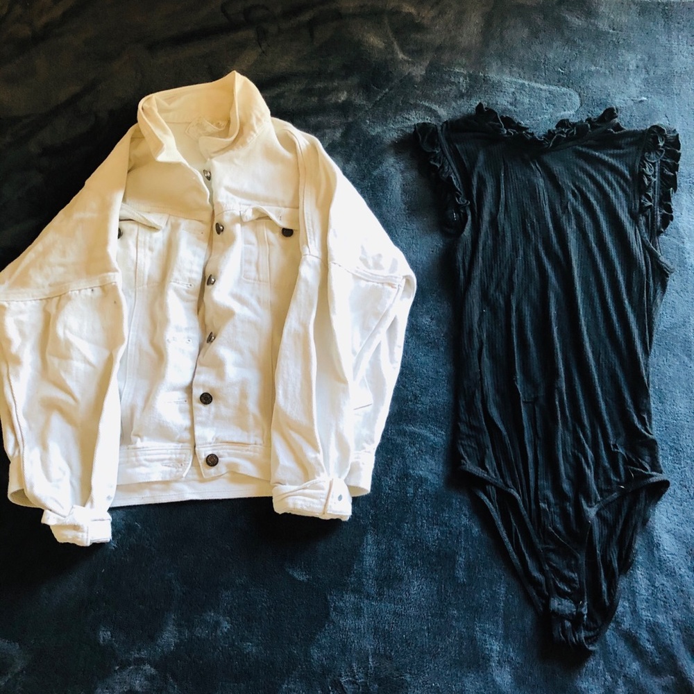White Jean jacket and black shirt onesie LOL 👍